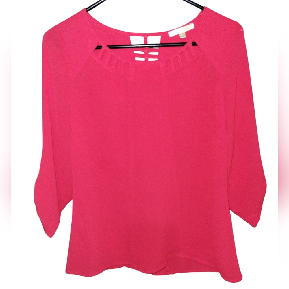 Skies are Blue red shirt with cutouts. Button Up sleeves